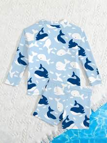 Bộ đồ bơi thời trang mới cho bé trai, bộ hai mảnh tay dài và quần đùi. - Màu xanh lam - Xem 2