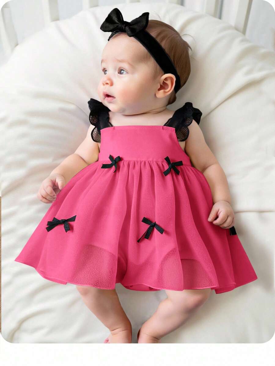 Newborn Baby Girl Cute & Elegant Apricot Bow Decor Sleeveless Romper, Summer - Hot Pink - View 1