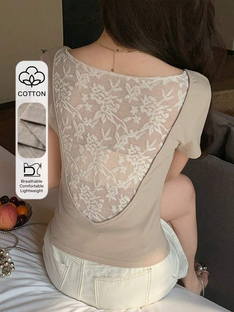 Women's Summer Scoop Neck Short Sleeve Fitted Casual T-Shirt With Lace Splice Back