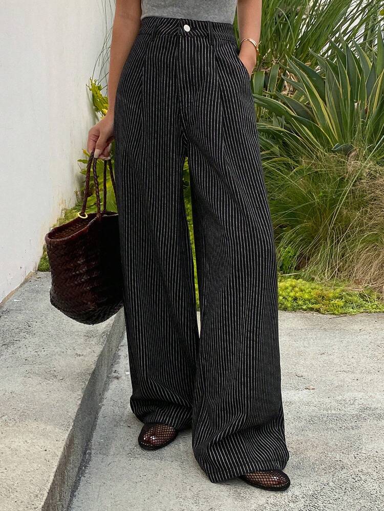 Women's Low Waist Striped Barrel Leg Jeans, Casual Street Style Washed Denim Pants