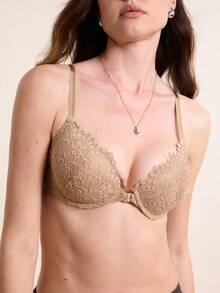 Hourtrue 蜜桃女孩咖啡棕色性感蕾丝前扣文胸，女士薄杯舒适透气提拉钢圈文胸 - 咖啡棕 - 查看 6