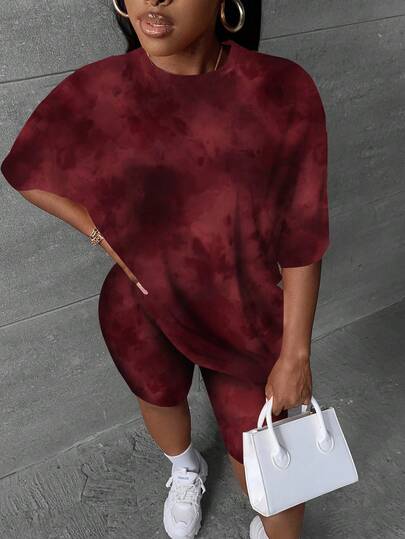 Slaydiva ชุดเซ็ตเสื้อยืดและกางเกงขาสั้นพิมพ์ลายมัดย้อมลำลองสำหรับฤดูร้อนไซส์ใหญ่ 2 ชิ้น