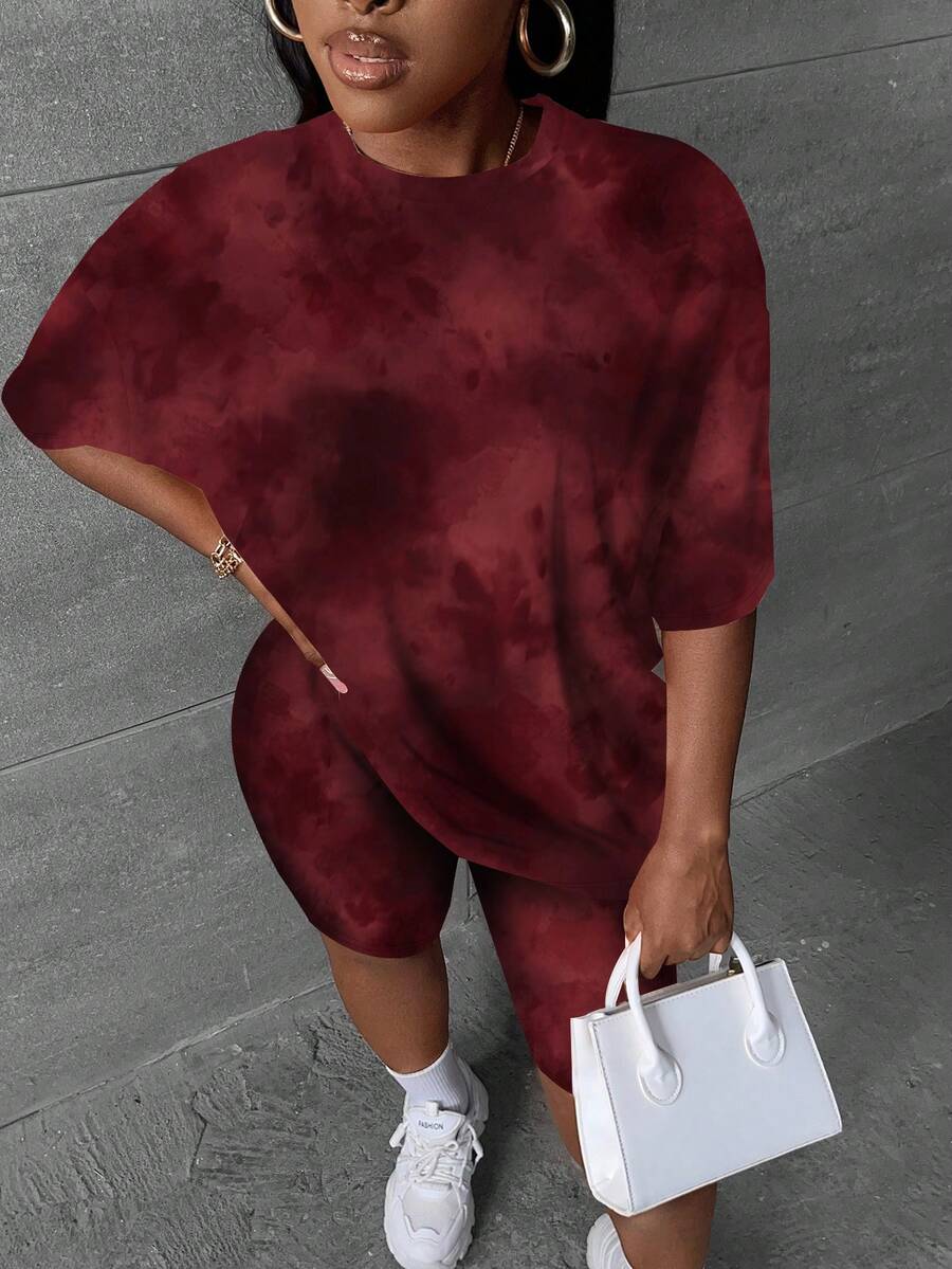 Slaydiva Setelan 2 Potong Kaos dan Celana Pendek Motif Tie-Dye Kasual Musim Panas Ukuran Besar - MultiWarna - View 1