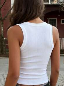 Rovax Solid Color Ribbed Fitted Regular V-Neck Tank Top - White - View 2