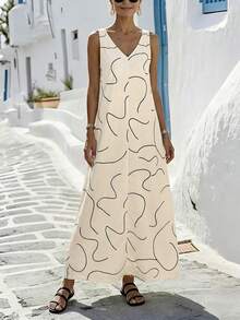 Breezaya Women's Linen Texture Abstract Line Loose Long Dress - Beige - View 5