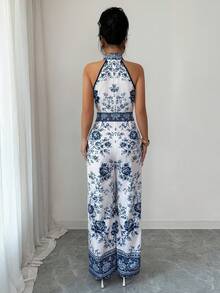 Elenzga Women's Blue Digital Positioning Print Halter Sleeveless Pleated Wide Leg Pants, Relaxed Fit High-End Elegant Fitted Jumpsuit, Spring/Summer - Blue - View 2