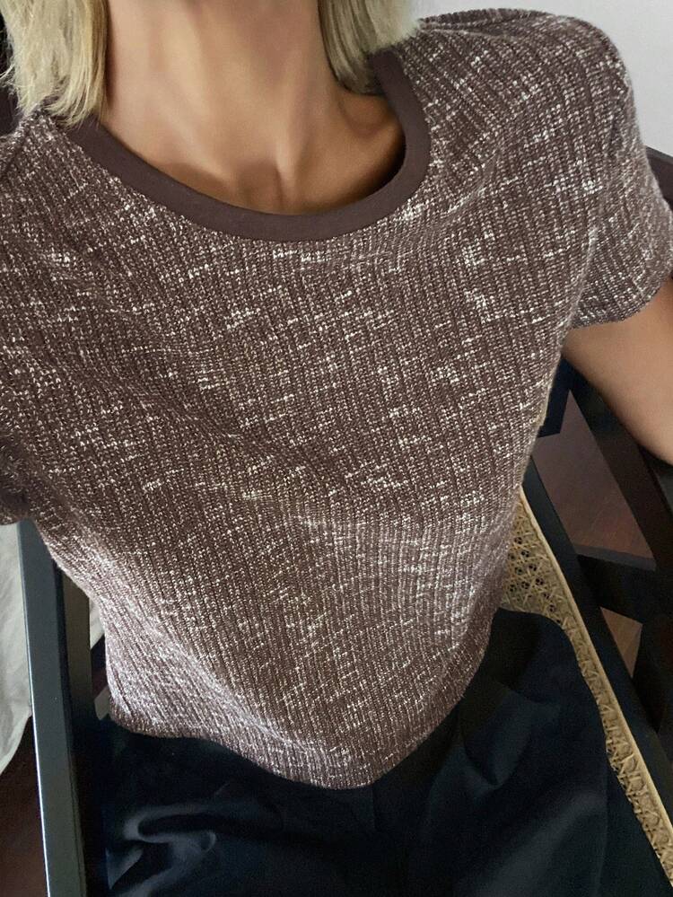 Women's Textured Colorblock Round Neck Cropped Top, Casual Street Style Short Sleeve T-Shirt, Suitable For Summer And Spring