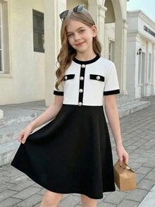 SHEIN 少女撞色系带金属扣装饰短袖A字连衣裙 - 黑與白 - 查看 10