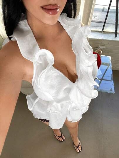 SHEIN SXY 女士纯色荷叶边吊带衫