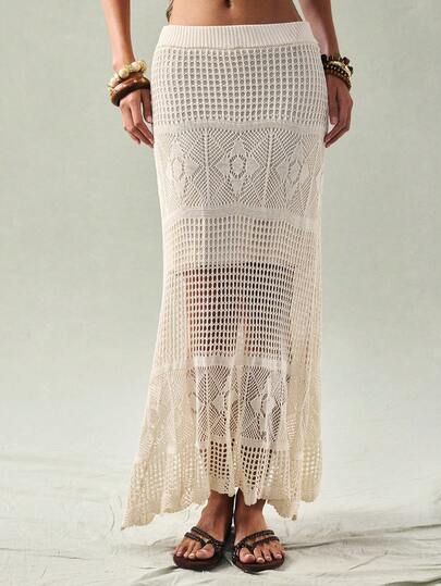 SoleilVie Women's Solid Color Hollow Design Casual Fishtail Knit Skirt