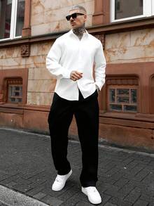 Artur Kramer Men Solid Button Front Shirt, For Husband, Long Sleeve, Plain, Work, For Fall, Old Money Style - White - View 1