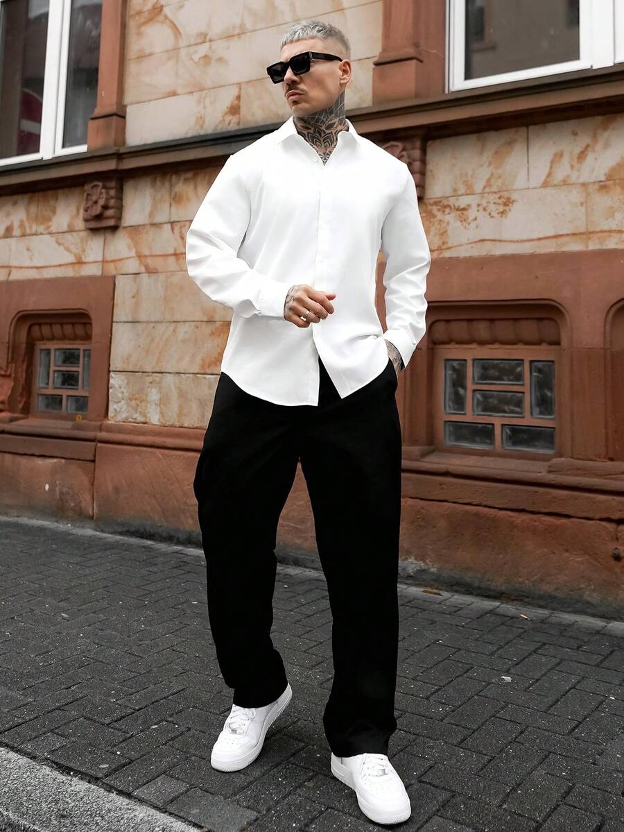 Artur Kramer Men Solid Button Front Shirt, For Husband, Long Sleeve, Plain, Work, For Fall, Old Money Style - White - View 1