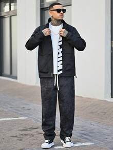 Devon Thys 男士长袖休闲百搭运动立领夹克，大号印花图案，情侣款，大口袋，秋冬拉链夹克，防风夹克，街头风科技夹克 - 黑色 - 查看 5