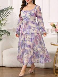 Reflora 大码女式印花方领喇叭袖荷叶边下摆优雅连衣裙 - 紫色 - 查看 10