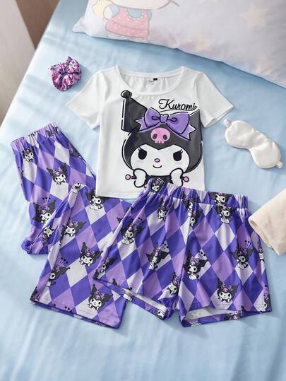 HELLO KITTY AND FRIENDS | SHEIN 3 Stücke Damen Cartoon Buchstaben Muster Kurzarm Top, Karomuster Hose und Shorts Pyjama Set