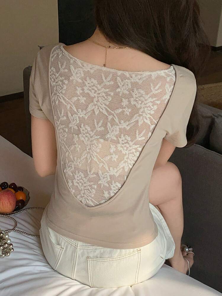 Women's Summer Scoop Neck Short Sleeve Fitted Casual T-Shirt With Lace Splice Back