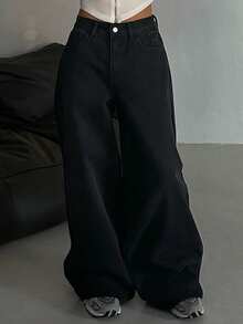 Dazy Tall Jeans rectos y relajados para mujer alta, estilo casual de ciudad - Negro - Ver 3