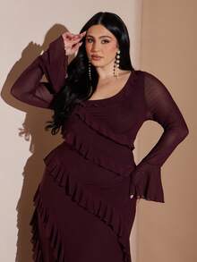 SHEIN BAE Burgundy Plus Size Long Sleeve Dress,Autumn Elegant Formal Sweet Ruffle Mesh Birthday Outfit, Fitted Wedding Party Holiday Vacation Dress - Coffee Brown - View 4