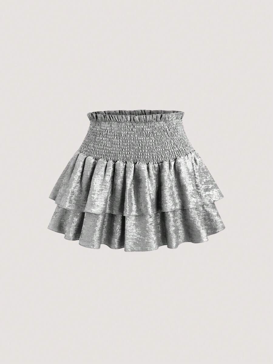 Olithes 女式纯色荷叶边腰部分层荷叶边下摆 A 字迷你裙，适合新年节日派对服装 - 銀色 - 查看 1