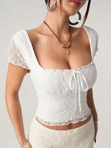 SHEIN ICON Lace Patchwork Square Collar Ruched Women Blouse - White - View 6