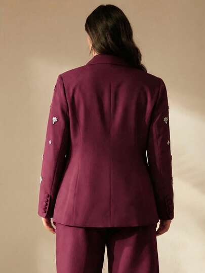 Plus Size Women's Elegant Formal Chic Luxury Embellished Waist Slim Fit Blazer Jacket, Suitable For Party, Work, Graduation, Wedding, Etc.