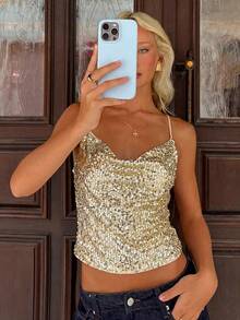 MainGRL Women's New Sequin Plunging Neck Backless Camisole For Party - Multicolor - View 3