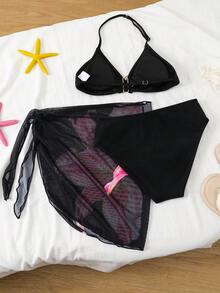 SHEIN 少女三件套泳衣，包括背心和短裤，度假沙滩风 - 黑與白 - 查看 2