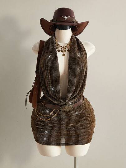 SHEIN ICON Plus Size Women's Black Velvet Glitter Draped Neck Backless Ruched Mini Dress, Y2K Party Dress, Velvet Party Dress, Halloween Costume, Birthday Dress