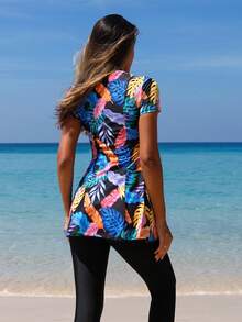 Swim Shayni 2pcs Women Leaf Print Tie Waist Burkini Set - Multicolor - View 2