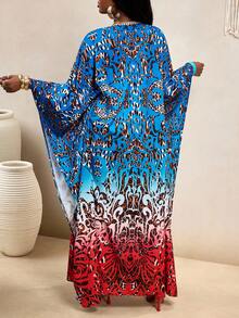 BamGleam Blue Boho Style Long Batwing Sleeve Random Print Two-Piece Outfit For Women Woven Fabric Top And Pants - Blue - View 2