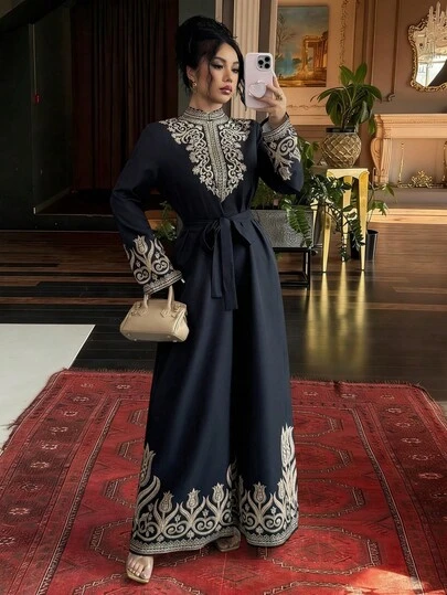 Elenzga Women's Elegant Casual Midi Dress, Floral Print, V-Neck, Long Sleeve, Suitable For Summer Outings, Dates, New Year, Valentine's Day, Easter, Mother's Day, Music Festivals, Middle Eastern Weddings