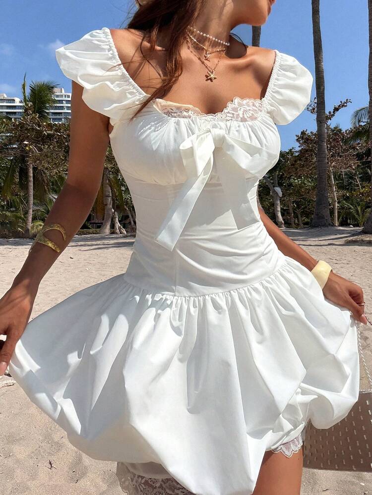 Spring & Summer White Hollow Lace Patchwork Bow Tie Design Casual Sweet Girl Dress, Suitable For Valentine's Day, Wedding, Party, Fashion Event, Elegant Office Wear, Fit & Flare Mini Dress