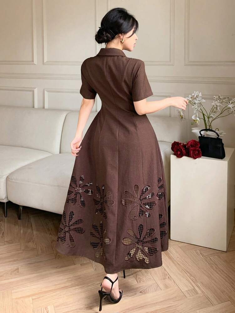 Women's Elegant Commuter Hollow Embroidered Front Button Waist Dress, Summer Dress Sundress