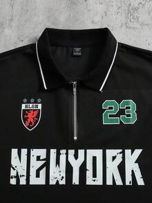 ROMWE MEN 男士休闲字母印花宽松Polo衫，夏季 - 黑色 - 查看 2