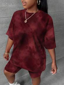 Slaydiva Setelan 2 Potong Kaos dan Celana Pendek Motif Tie-Dye Kasual Musim Panas Ukuran Besar - MultiWarna - View 3