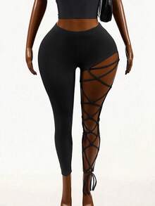 Mistrie 女士时尚性感交叉绑带紧身裤 - 黑色 - 查看 8