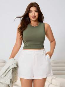 SHEIN EZwear مجموعة ربيعية/صيفية جديدة من قميص كاجوال فضفاض مخطط، سترة صدرية مضفرة خضراء وشورت جينز فضفاض قطني ذو ملمس قطني 3 قطع، مجموعة ملابس مرنة مقاس كبير للنساء لكل المناسبات، التنقل، الحفلات، مهرجانات الموسيقى، العودة للمدرسة، العطلات، الملابس الشارعية، الملابس المنزلية، التجول في المدينة - متعدد الألوان - مشاهدة 5