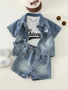 SHEIN 3pcs Baby Boy Summer Casual Denim Shirt Jacket, White Letter Print T-Shirt, And Blue Denim Shorts - Multicolor - View 8