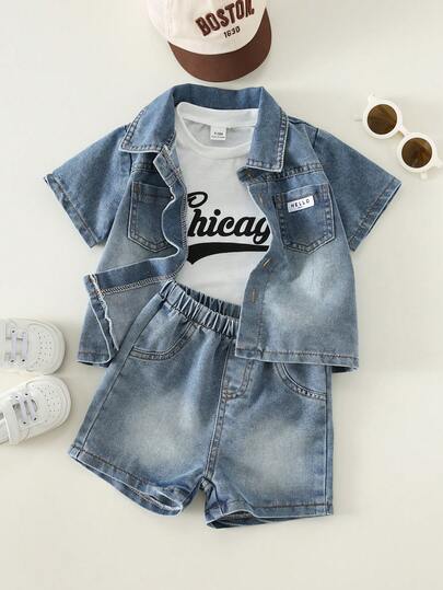 SHEIN 3pcs Baby Boy Summer Casual Denim Shirt Jacket, White Letter Print T-Shirt, And Blue Denim Shorts