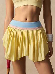 VARSIVA 撞色拼接褶裥不对称下摆运动裙短裤 - 彩色 - 查看 4