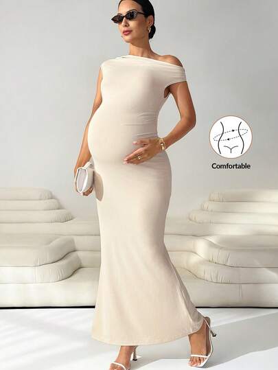 MaterniWear Vestido largo minimalista de unicolor, ajustado y con hombro asimétrico para maternidad, moda de verano