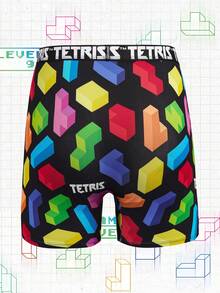 Tetris™ X SHEIN 男士平角内裤，数码立方体字母印花，弹性腰带，1条装 - 黑色 - 查看 2