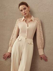 MOTF PREMIUM ELEGANT CONTRAST LACE FITTED BLOUSE, SPRING/SUMMER - Coral Pink - View 7
