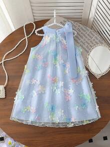 SHEIN Vintaside Kids Toddler Girls' Elegant, Sweet & Cute 3D Heart Mesh Halter Neck Sleeveless A-Line Casual Dress, Suitable For Holidays, Parties, Birthdays, Vacations, Spring/Summer - Multicolor - View 2