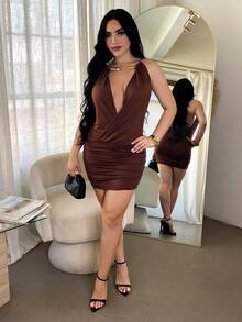 SHEIN SXY Women's Halter Mini Dress, Metal Decor Backless Ruched Body Fitting Short Dress For Party, Club Night, Coffee Brown, Summer, 70s Elegant - Coffee Brown - View 6