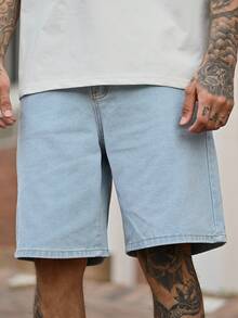 Devon Thys 男士休闲阔腿牛仔短裤，夏季纯色牛仔短裤宽松浅蓝色牛仔短裤，适合老公、男朋友的礼物 - 淺色水洗藍 - 查看 3