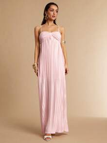 Silquee 女士纯色褶皱优雅吊带裙 - 粉色 - 查看 4