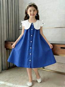 少女优雅可爱时尚彼得潘领条纹无袖学院风连衣裙，夏季 - 藍色 - 查看 10