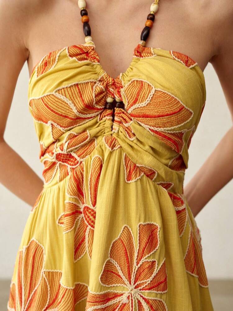 LINEN DRESS WITH 3D EMBROIDERY AND BEADING, BELLFLOWER FRENCH TEA DRESS