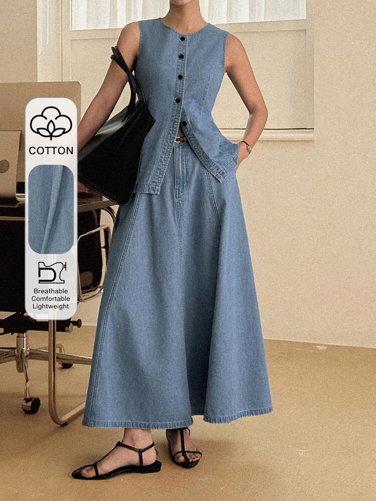 Women's Round Neck Waist Cinched Long Denim Vest And Long A-Line Denim Skirt Casual Vacation Outfit